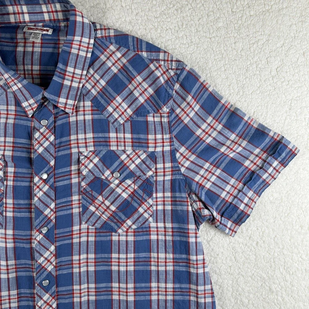 True Religion Shirt Mens 2XL Blue Plaid Short Sleeve Western Snap Casual